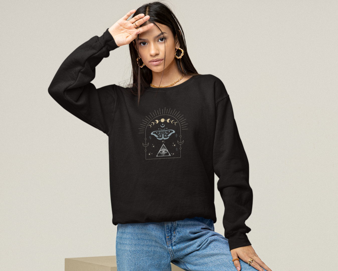 Damen Sweatshirt drittes auge Mondreihe Schmetterling