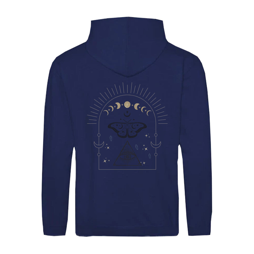 Stylische vegane Kapuzenjacke Navy Spirituelles Design Magic