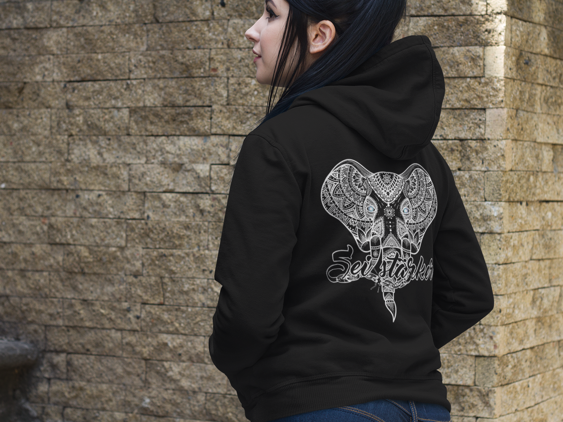 Damen Hoodie  - Mandala Elefanten -.